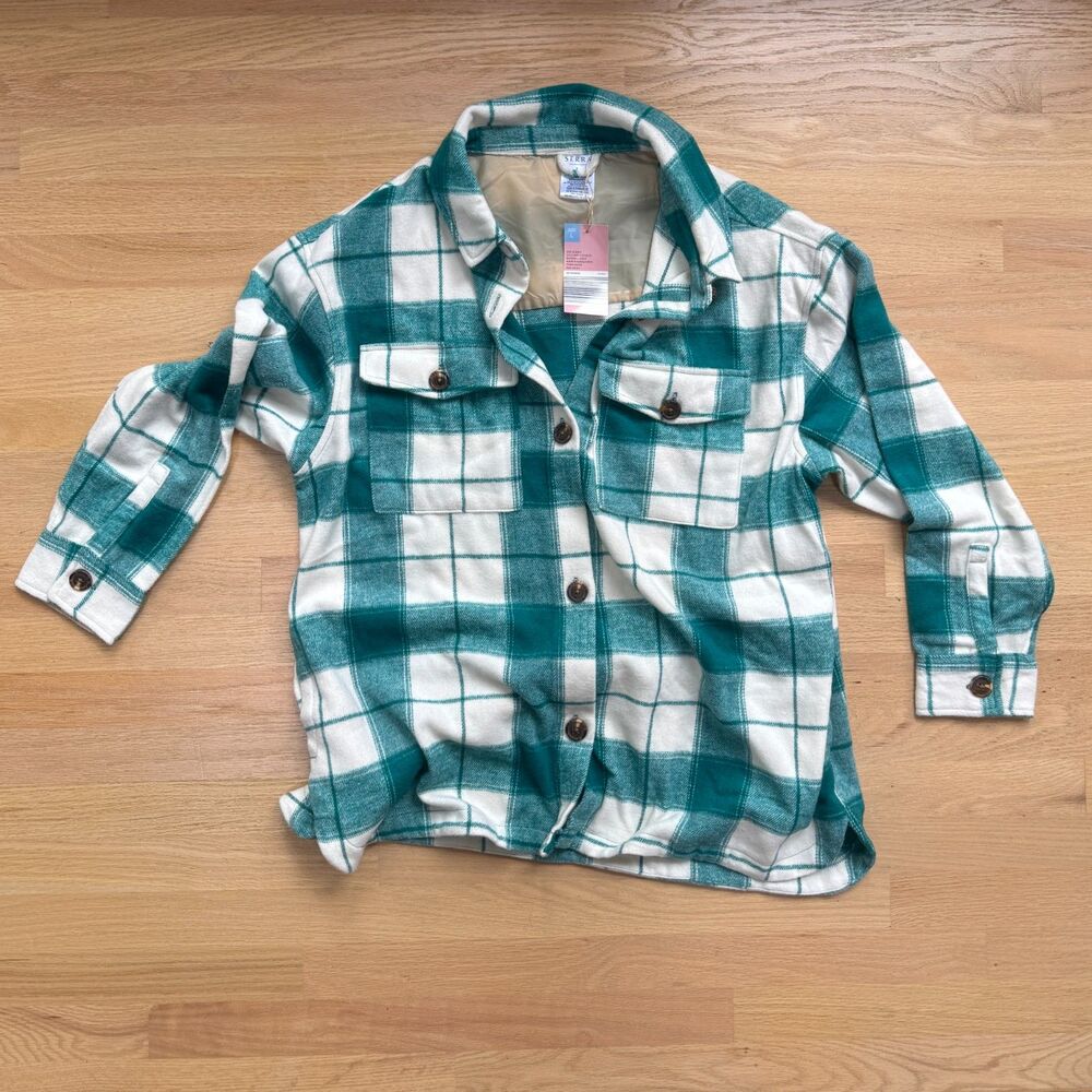 Teal White Plaid Women’s L Wool Blend Shacket Shirt Jacket NWT Cabincore